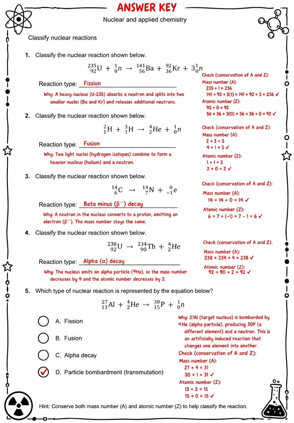 Answer key for Classify nuclear reactions — free printable Science worksheet