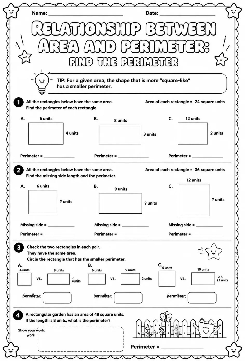 Relationship between area and perimeter: find the perimeter — free printable Grade 3 math worksheet
