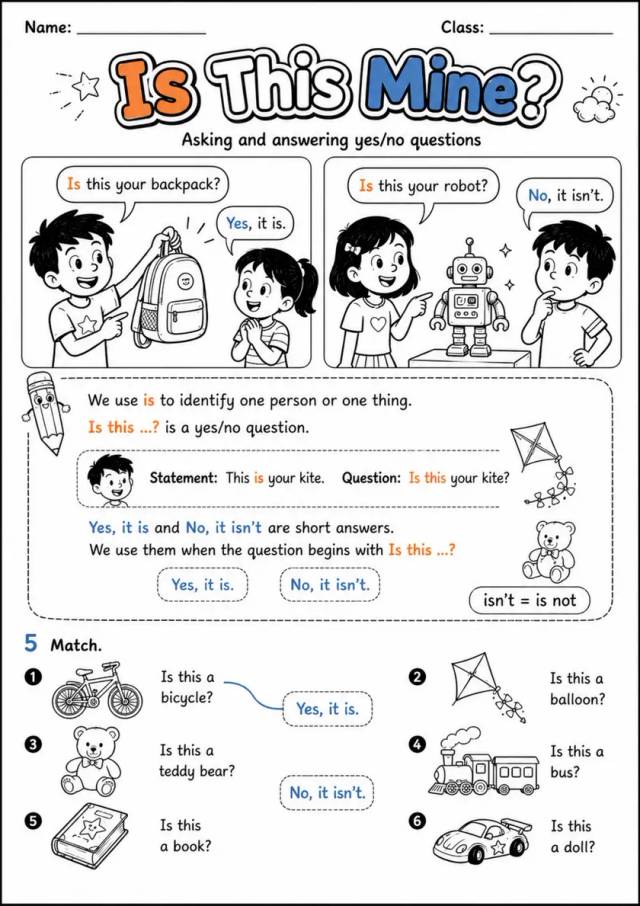 Is This? Yes or No Short Answers | Grade 1 Grammar Worksheet grade 1 printable PDF preview