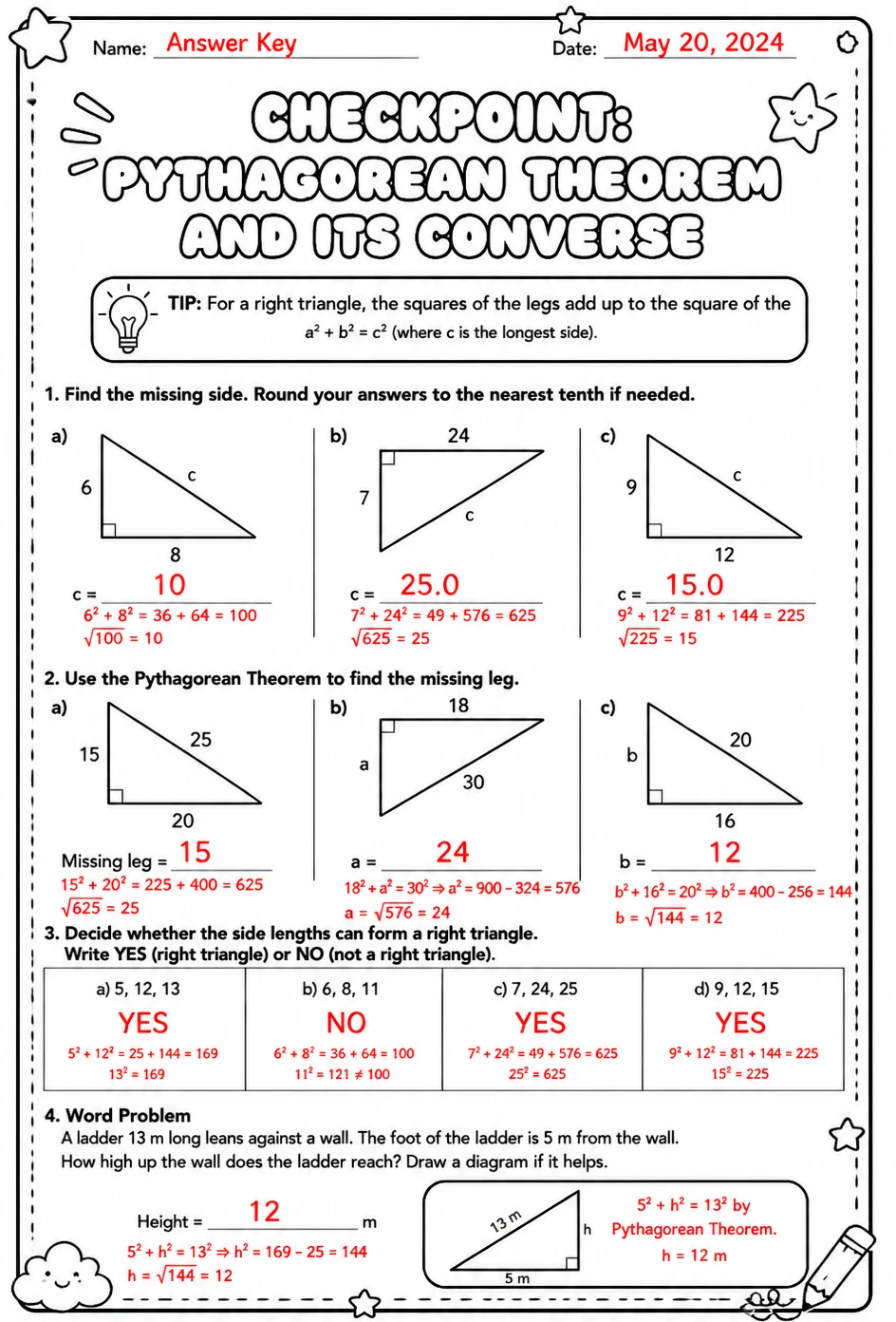 Answer key for Checkpoint: Pythagorean theorem and its converse — free printable Math worksheet
