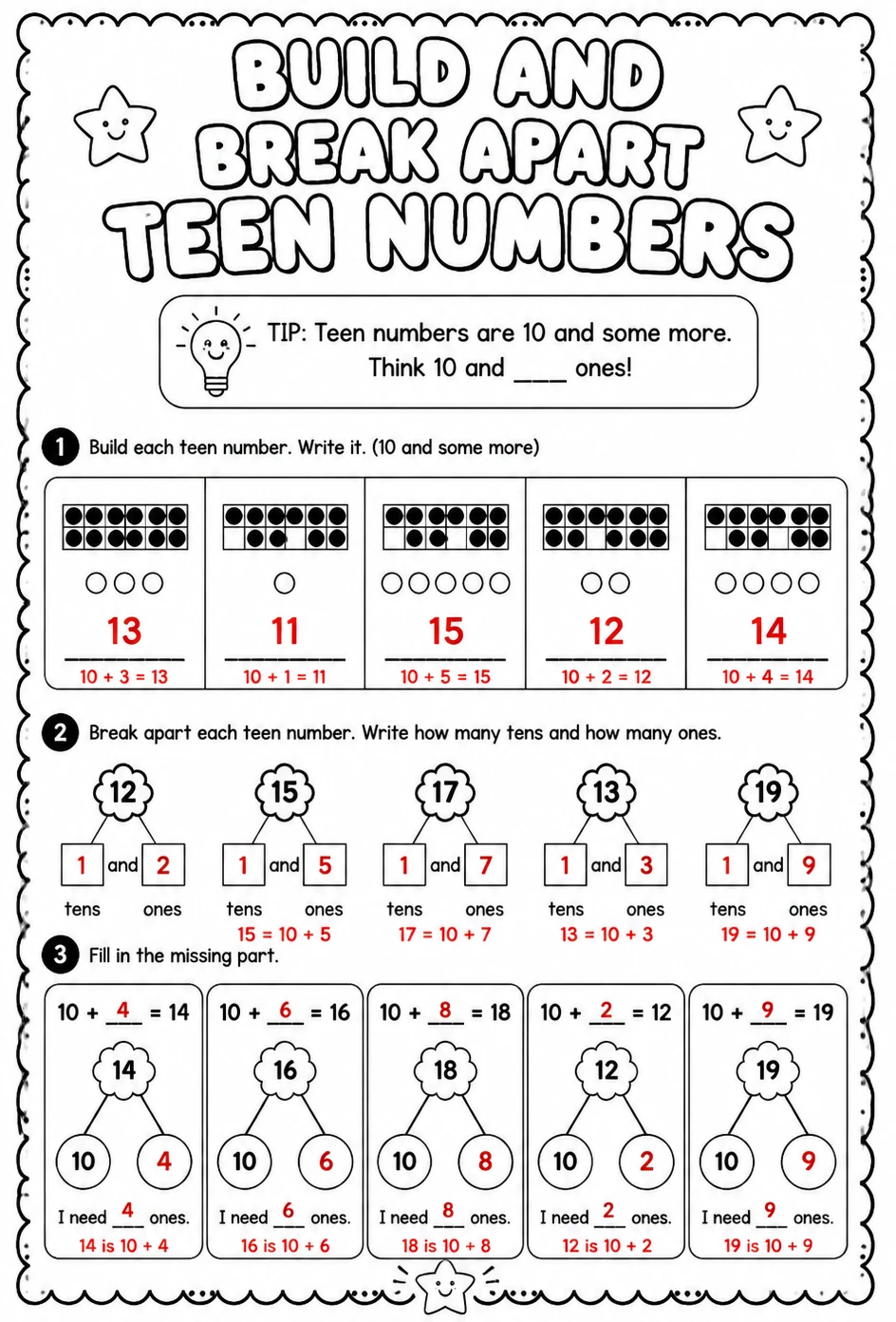 Answer key for Build and break apart teen numbers — free printable Math worksheet