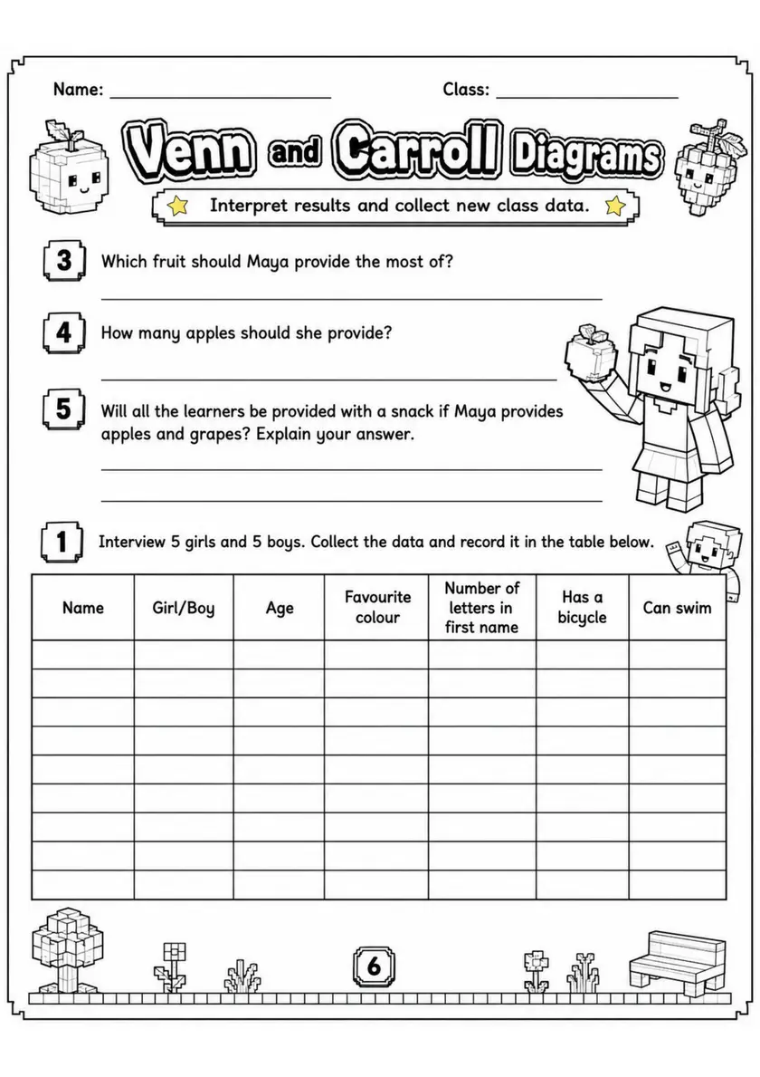 Venn and Carroll Diagrams - Grade 3 Math Worksheet - WKS-MAT-grade-3-XH-0143-EN grade 3 printable PDF preview