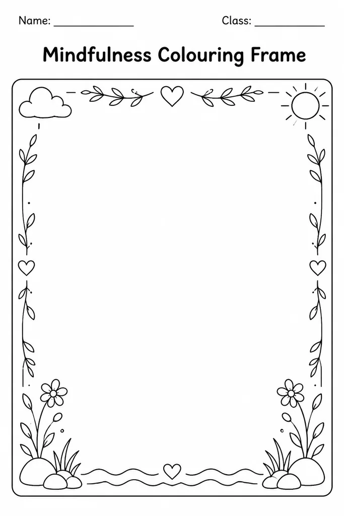 Blank printable mindfulness colouring frame with a decorative patterned border and open centre space for calm colouring, Kindergarten to Grade 8