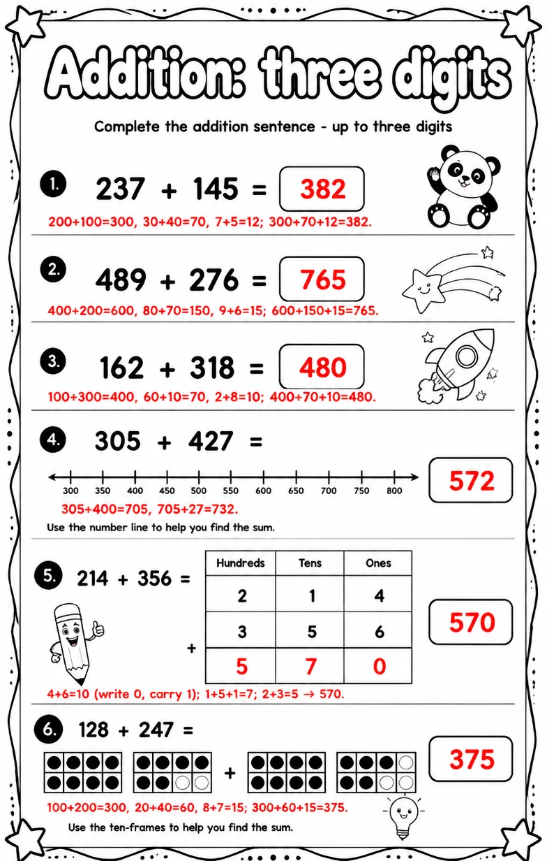 Answer key for Complete the addition sentence - up to three digits — free printable Math worksheet