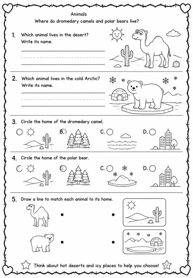 Where do dromedary camels and polar bears live? — free printable Kindergarten Science worksheet