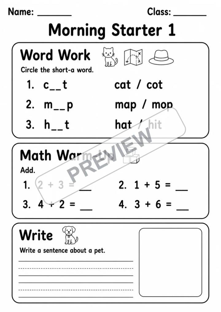 First Grade Morning Work Math and ELA | 7 Worksheets | Grade 1 watermarked worksheet preview
