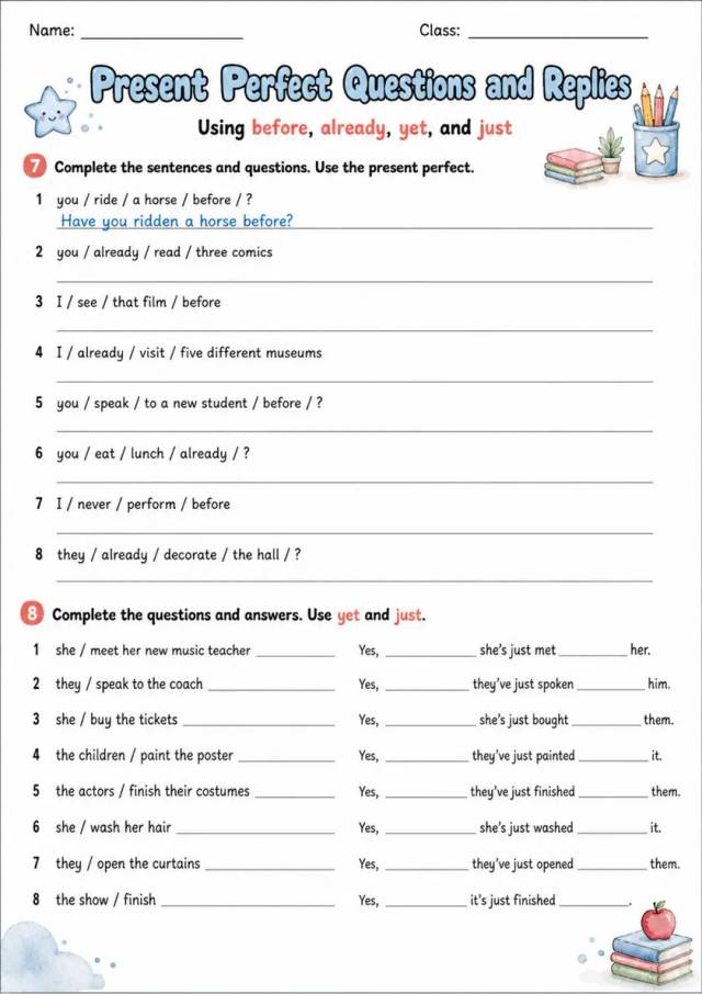 Present Perfect Questions And Replies | Grade 5 Grammar Worksheet grade 5 printable PDF preview