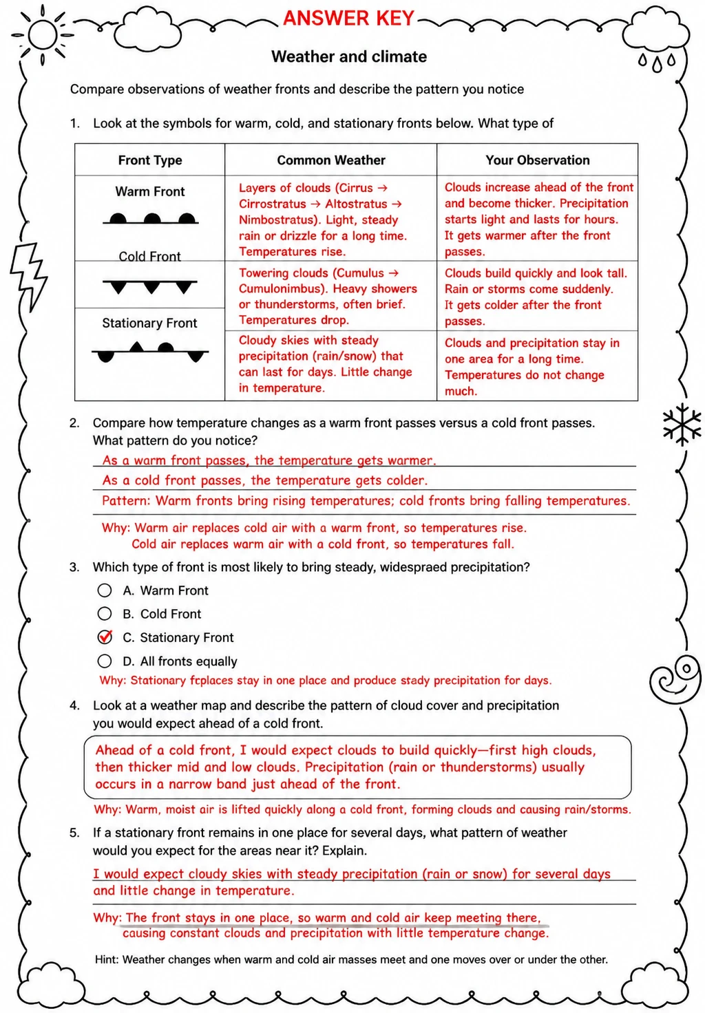 Answer key for Compare observations of weather fronts and describe the pattern you notice — free printable Science worksheet