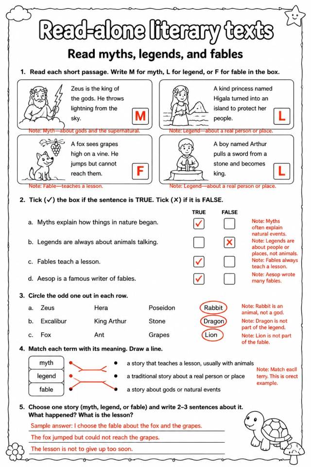 Answer key for Read myths, legends, and fables — free printable English & Reading worksheet