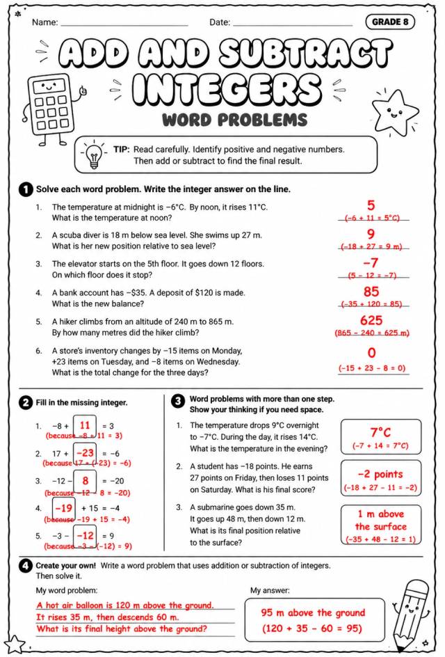 Answer key for Add and subtract integers: word problems — free printable Math worksheet