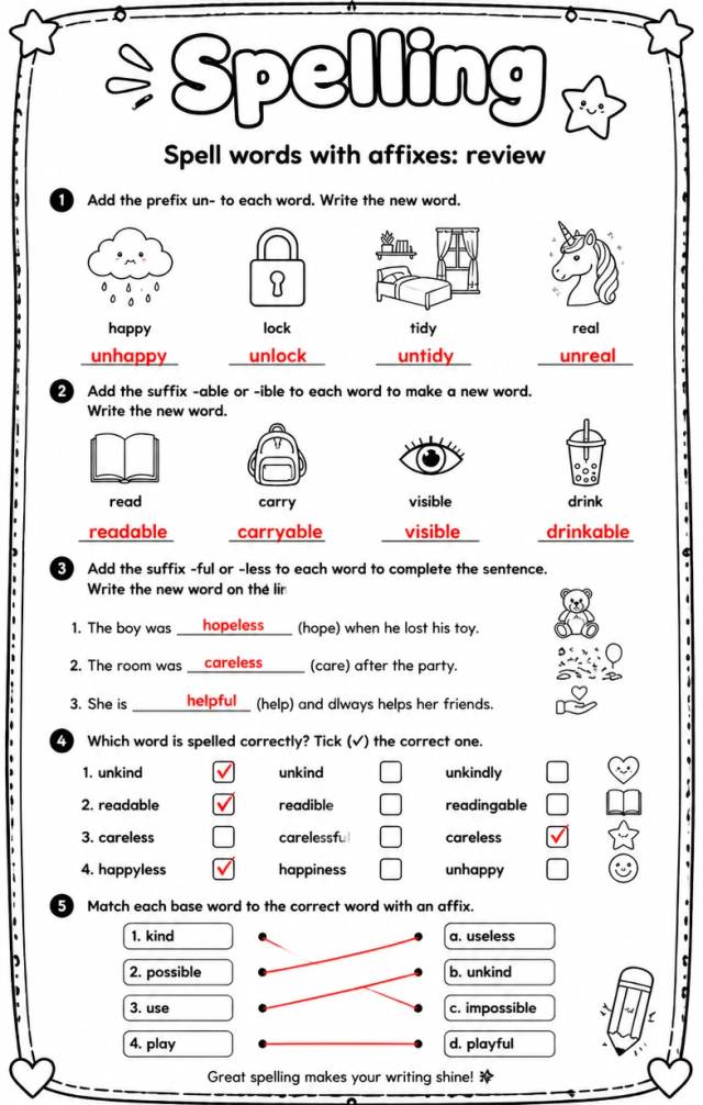 Answer key for Spell words with affixes: review — free printable English & Reading worksheet