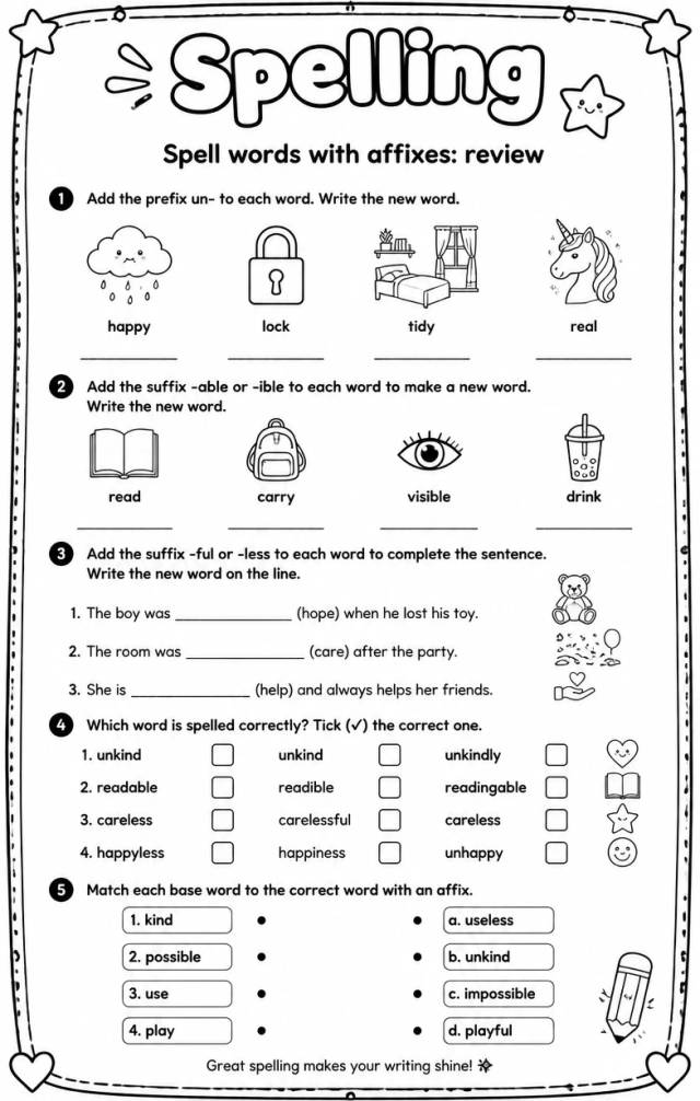 Spell words with affixes: review — free printable Grammar and mechanics English worksheet
