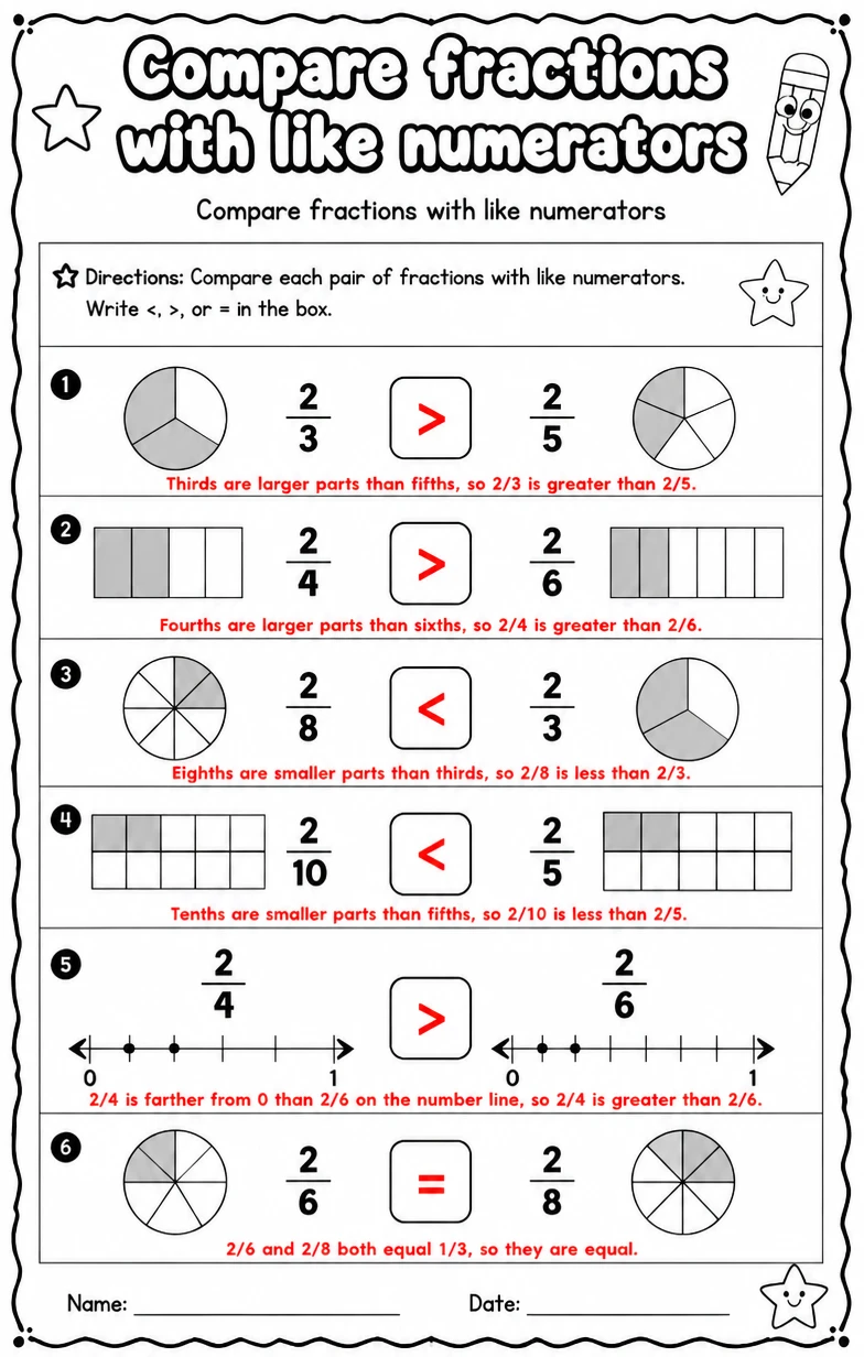 Answer key for Compare fractions with like numerators — free printable Math worksheet