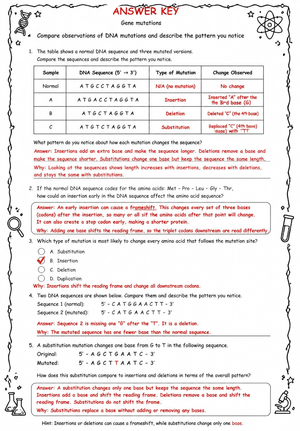 Answer key for Compare observations of DNA mutations and describe the pattern you notice — free printable Science worksheet