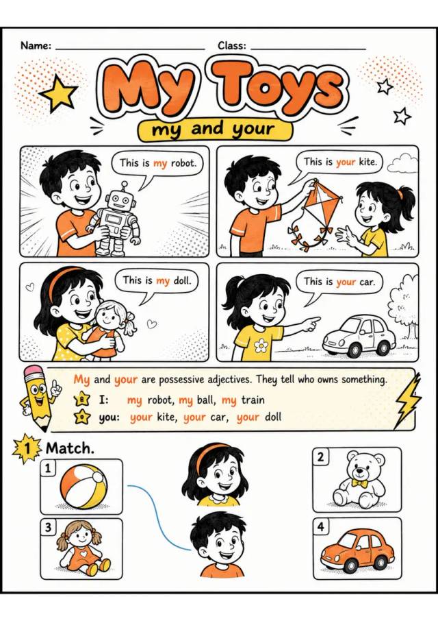 My and Your Possessive Adjectives | Grade 1 Grammar Worksheet grade 1 printable PDF preview