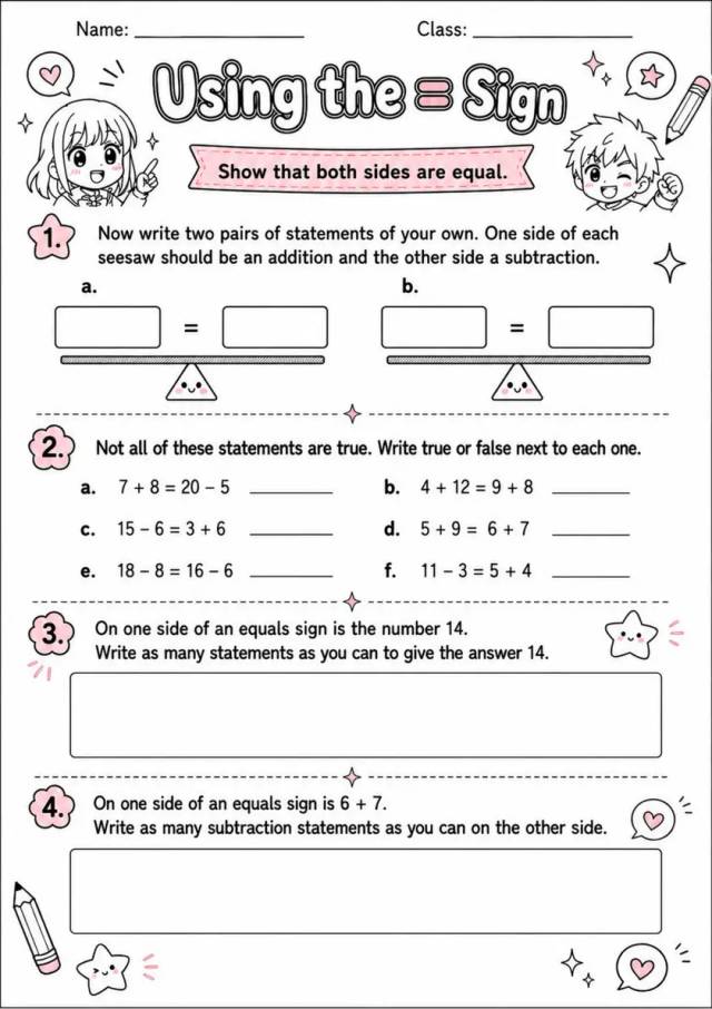 Using the = Sign - Grade 3 Math Worksheet - WKS-MAT-grade-3-XH-0073-EN grade 3 printable PDF preview