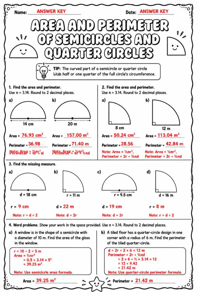Answer key for Area and perimeter of semicircles and quarter circles — free printable Math worksheet