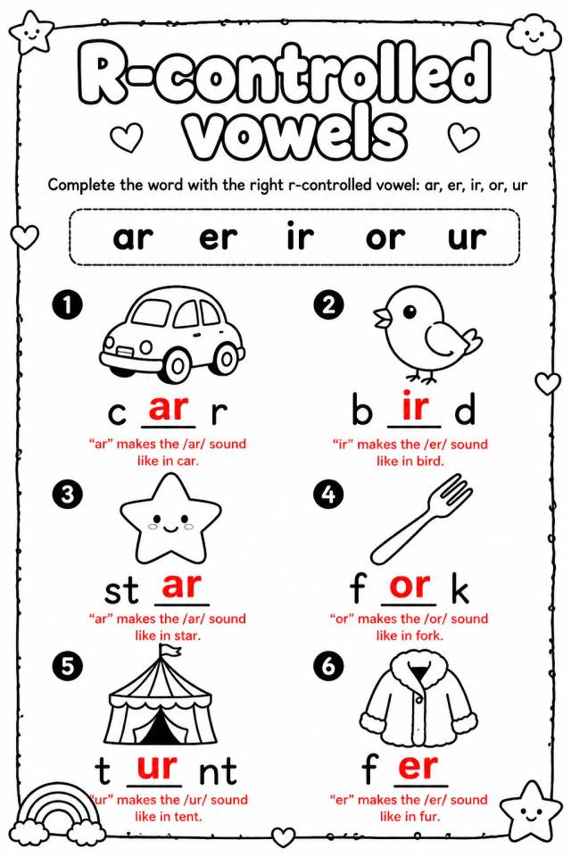 Answer key for Complete the word with the right r-controlled vowel: ar, er, ir, or, ur — free printable English & Reading worksheet