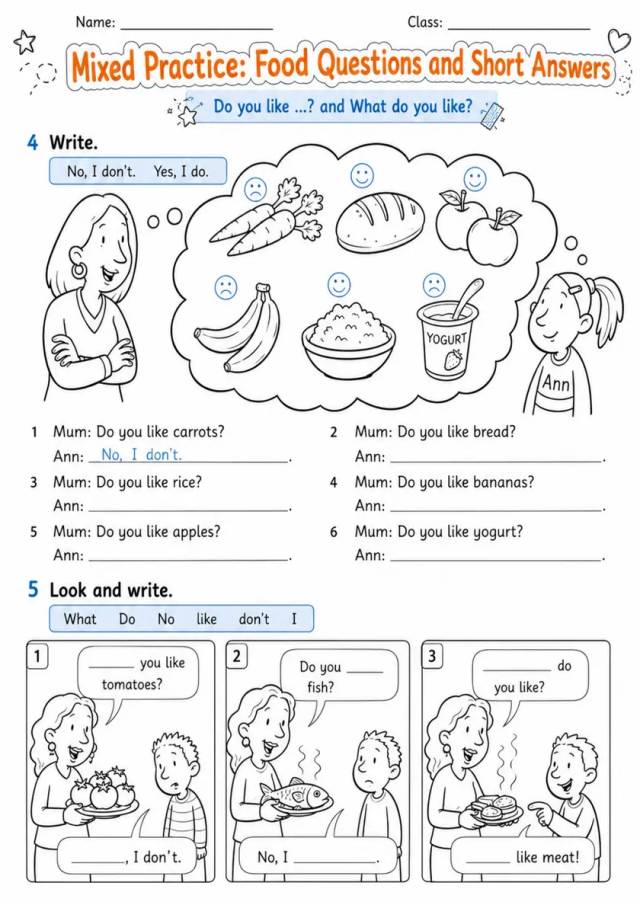 Food Questions and Short Answers | Grade 1 Grammar Review Worksheet grade 1 printable PDF preview