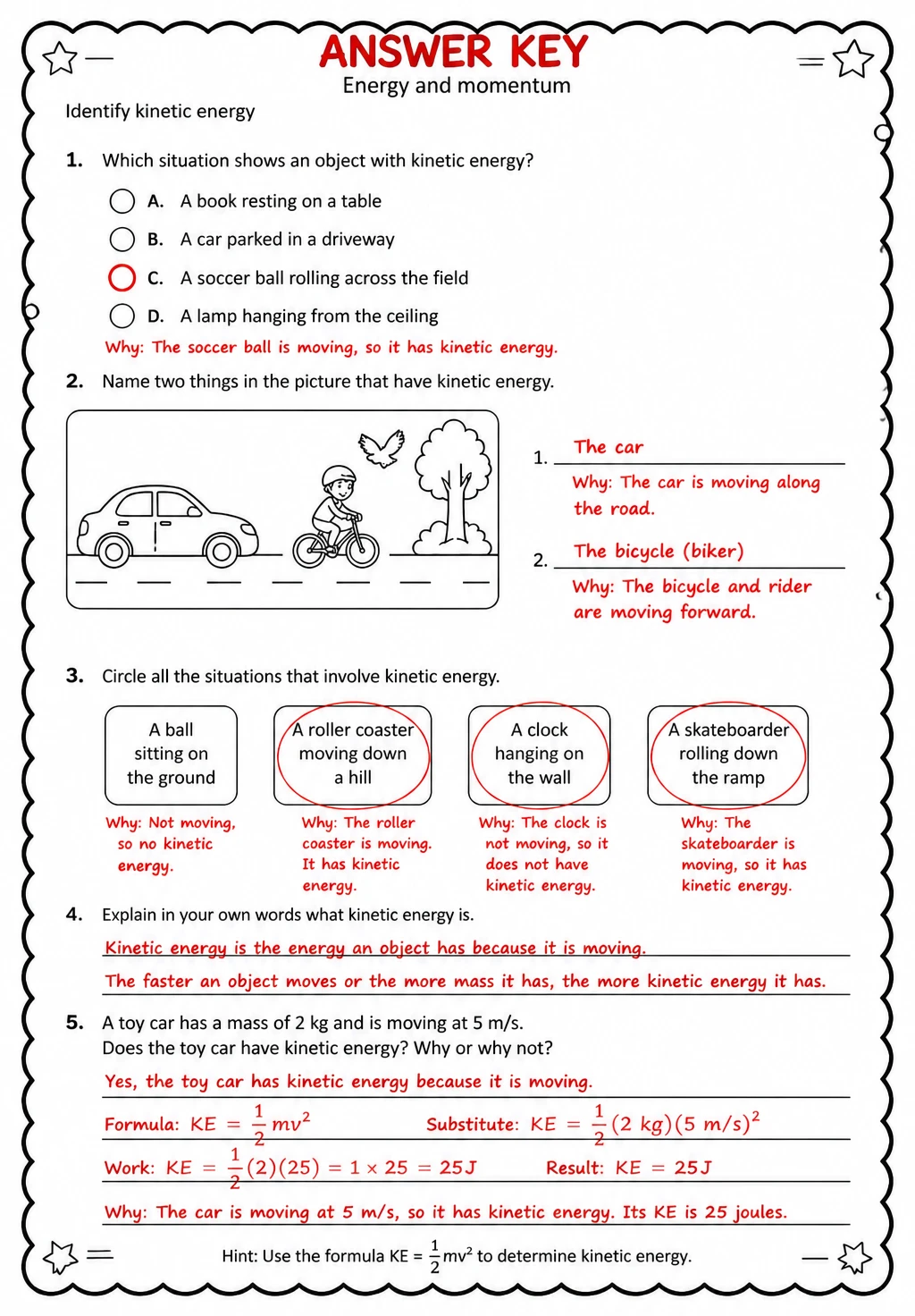 Answer key for Identify kinetic energy — free printable Science worksheet