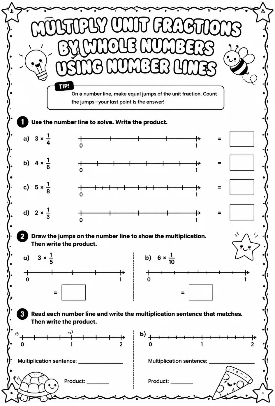 Multiply unit fractions by whole numbers using number lines — free printable Grade 4 math worksheet