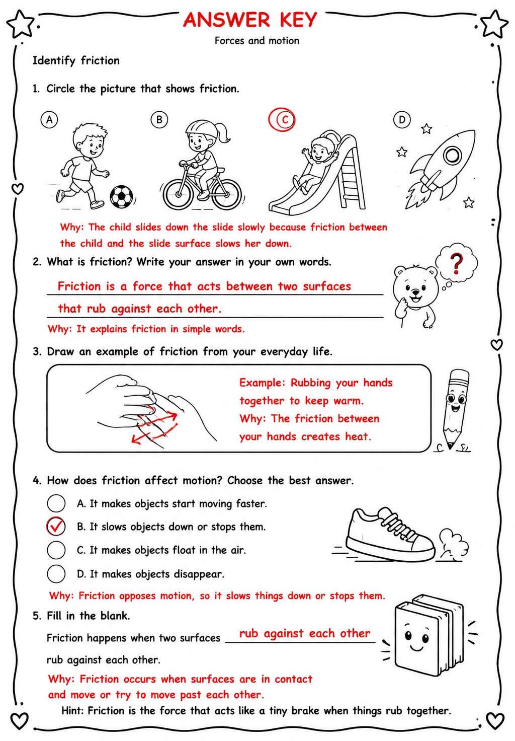 Answer key for Identify friction — free printable Science worksheet