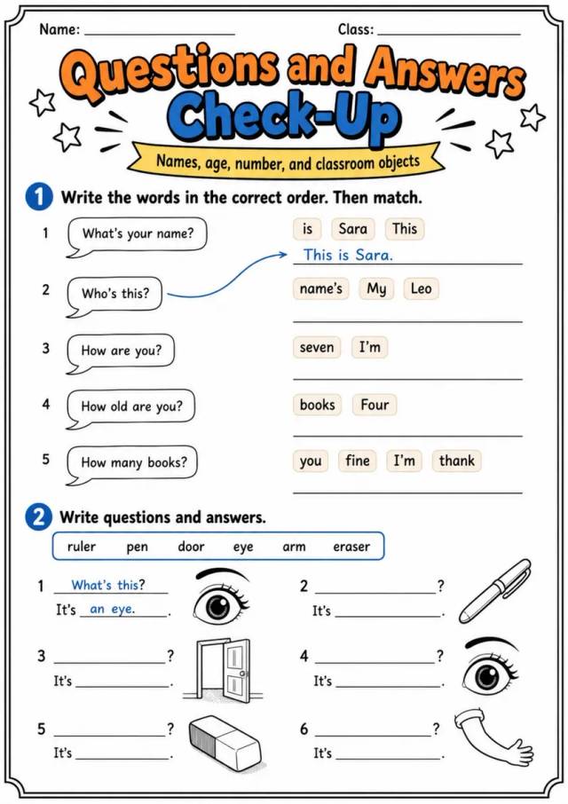 Question Words and A or An Review | Grade 1 Grammar Worksheet grade 1 printable PDF preview