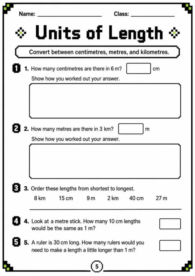 Units of Length - Grade 3 Math Worksheet - grade 3 Printable independent practice grade 3 printable PDF preview