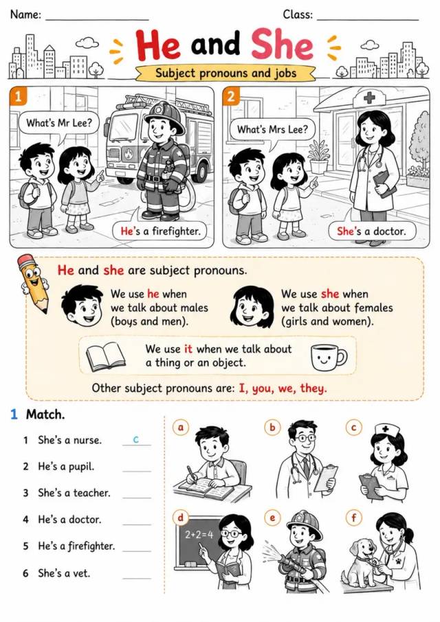 He and She Subject Pronouns with Jobs | Grade 1 Grammar Worksheet grade 1 printable PDF preview