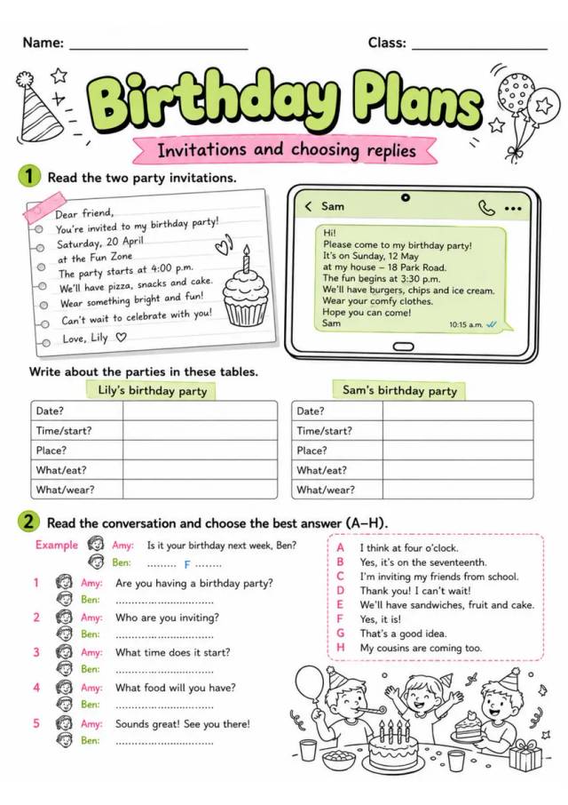 Cambridge Flyers - Birthday Plans | Free Worksheet primary printable PDF preview