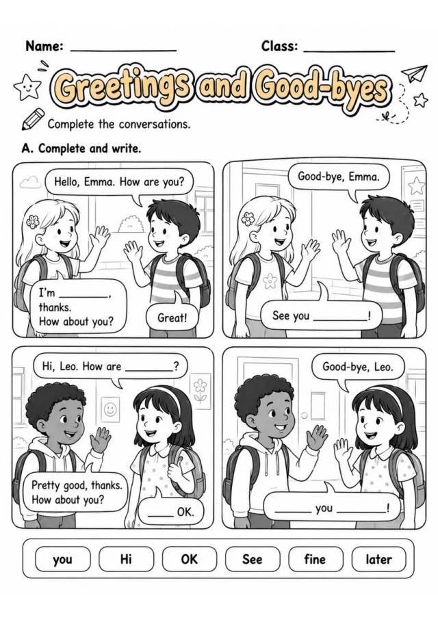 Greetings and Goodbyes | Grade 2 English Language Arts Worksheet grade 2 printable PDF preview