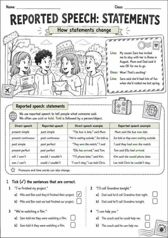 Reported Speech: Statements | Grades 5-6 Grammar Worksheet grades 5 6 printable PDF preview