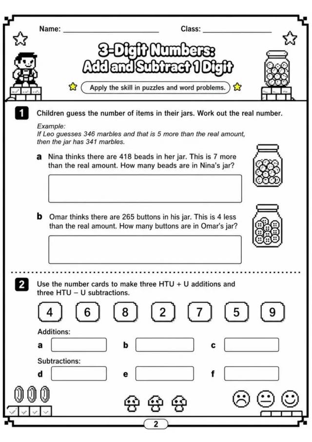 3-Digit Numbers: Add and Subtract 1 Digit - Grade 3 Math Worksheet - grade 3 Printable independent practice grade 3 printable PDF preview