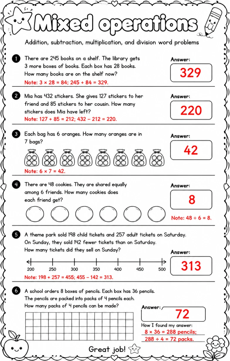 Answer key for Addition, subtraction, multiplication, and division word problems — free printable Math worksheet
