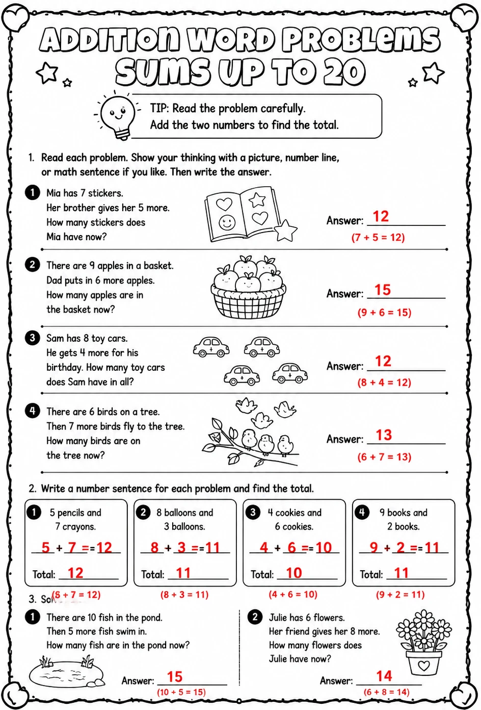 Answer key for Addition word problems - sums up to 20 — free printable Math worksheet