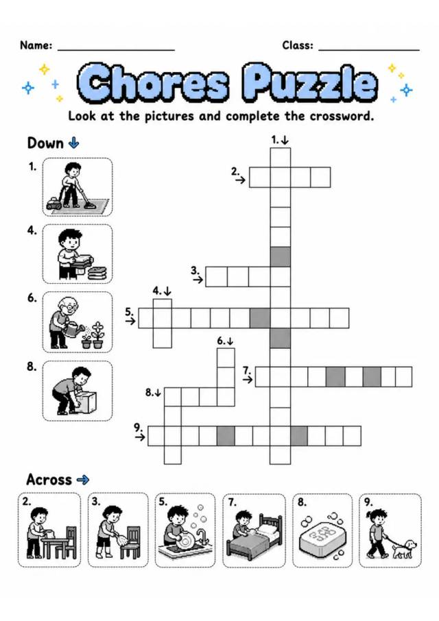 Chores Puzzle | Grade 2 Vocabulary Worksheet grade 2 printable PDF preview
