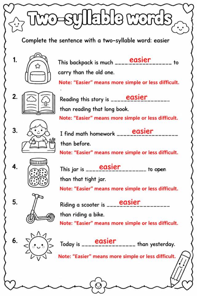 Answer key for Complete the sentence with a two-syllable word: easier — free printable English & Reading worksheet