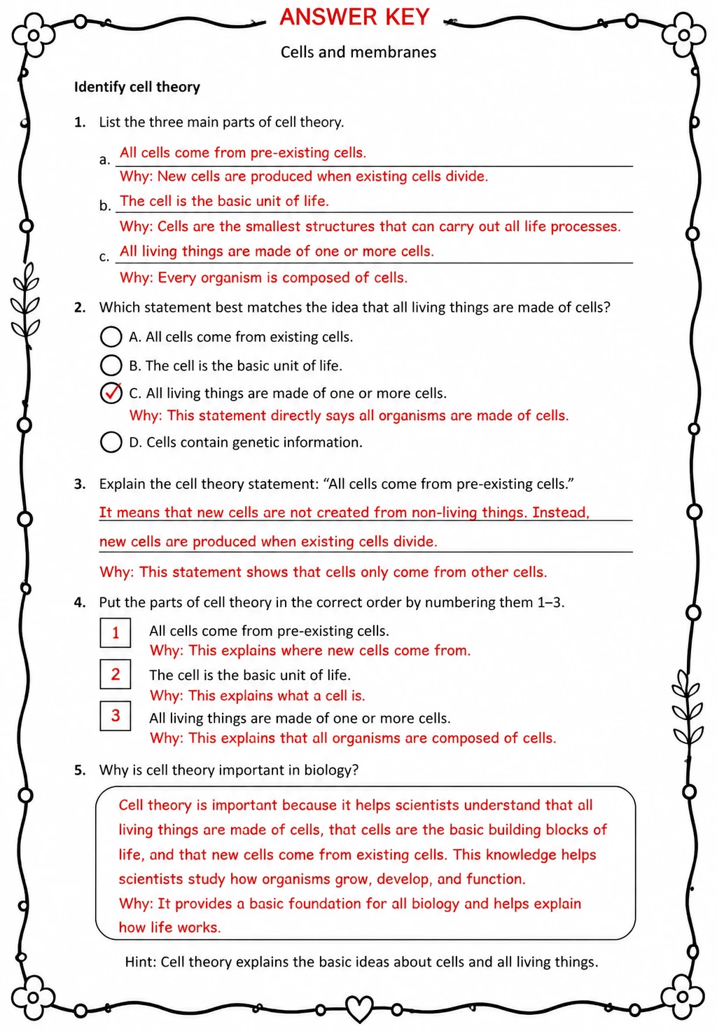 Answer key for Identify cell theory — free printable Science worksheet