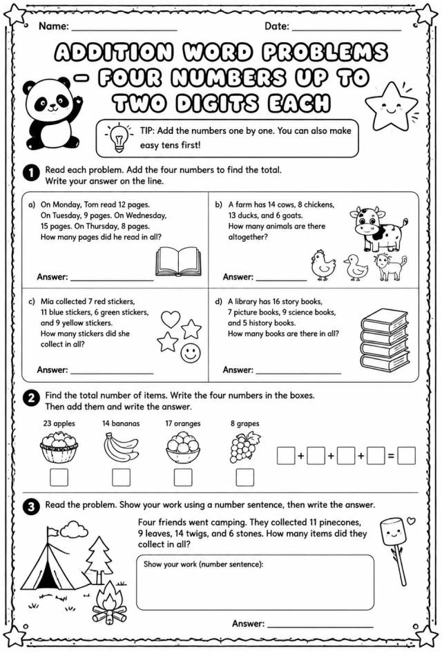 Addition word problems - four numbers up to two digits each — free printable Grade 2 math worksheet