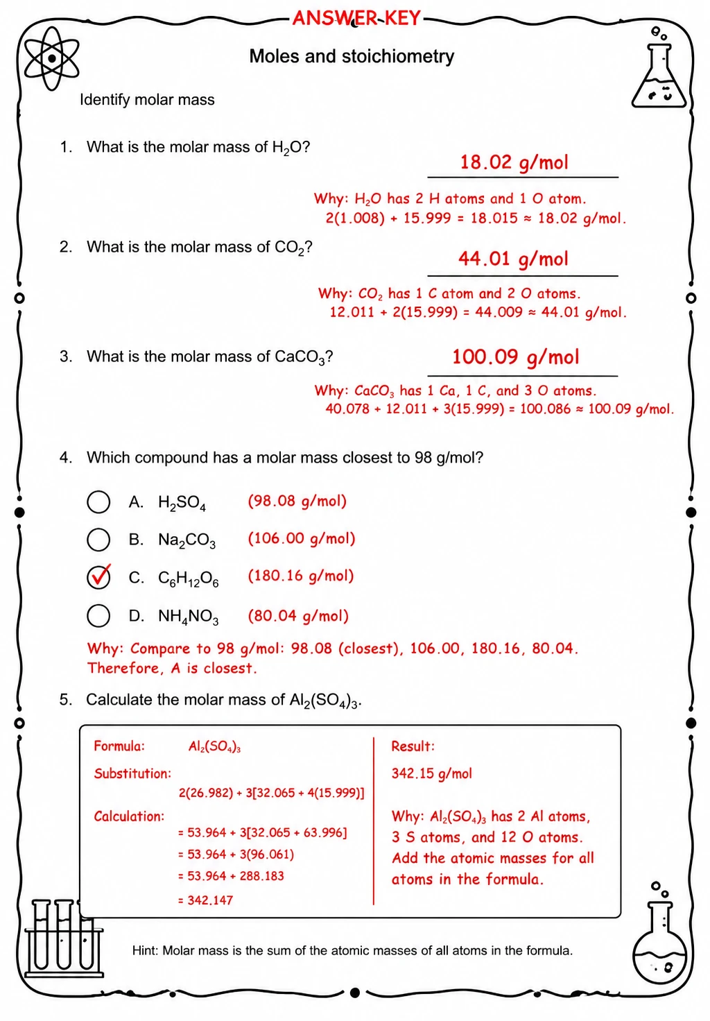 Answer key for Identify molar mass — free printable Science worksheet
