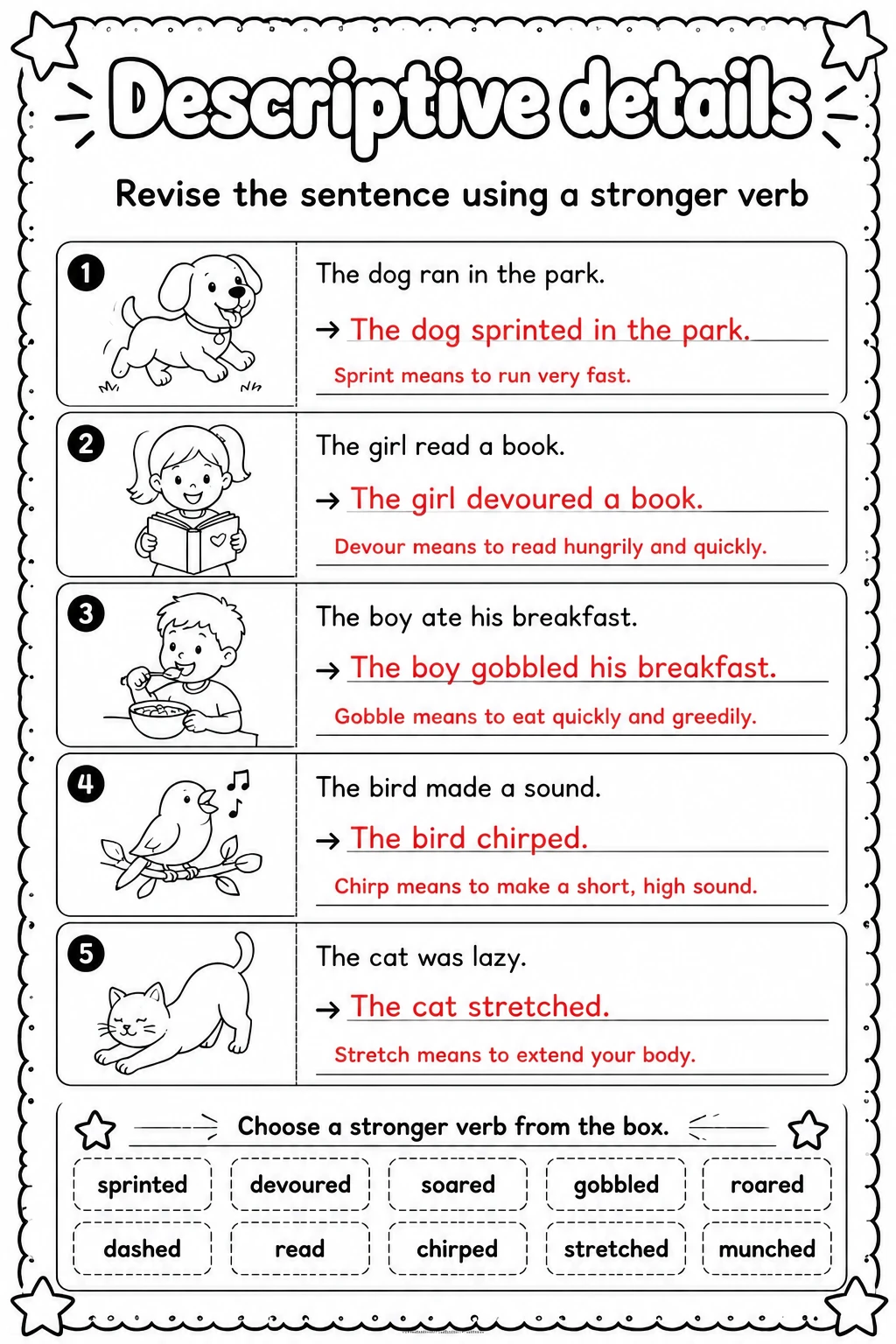 Answer key for Revise the sentence using a stronger verb — free printable English & Reading worksheet