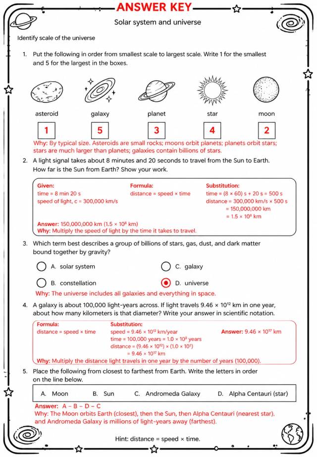 Answer key for Identify scale of the universe — free printable Science worksheet
