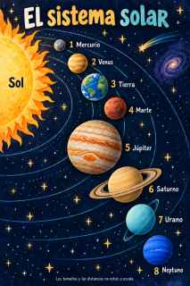 Póster del sistema solar en gouache con fondo nocturno