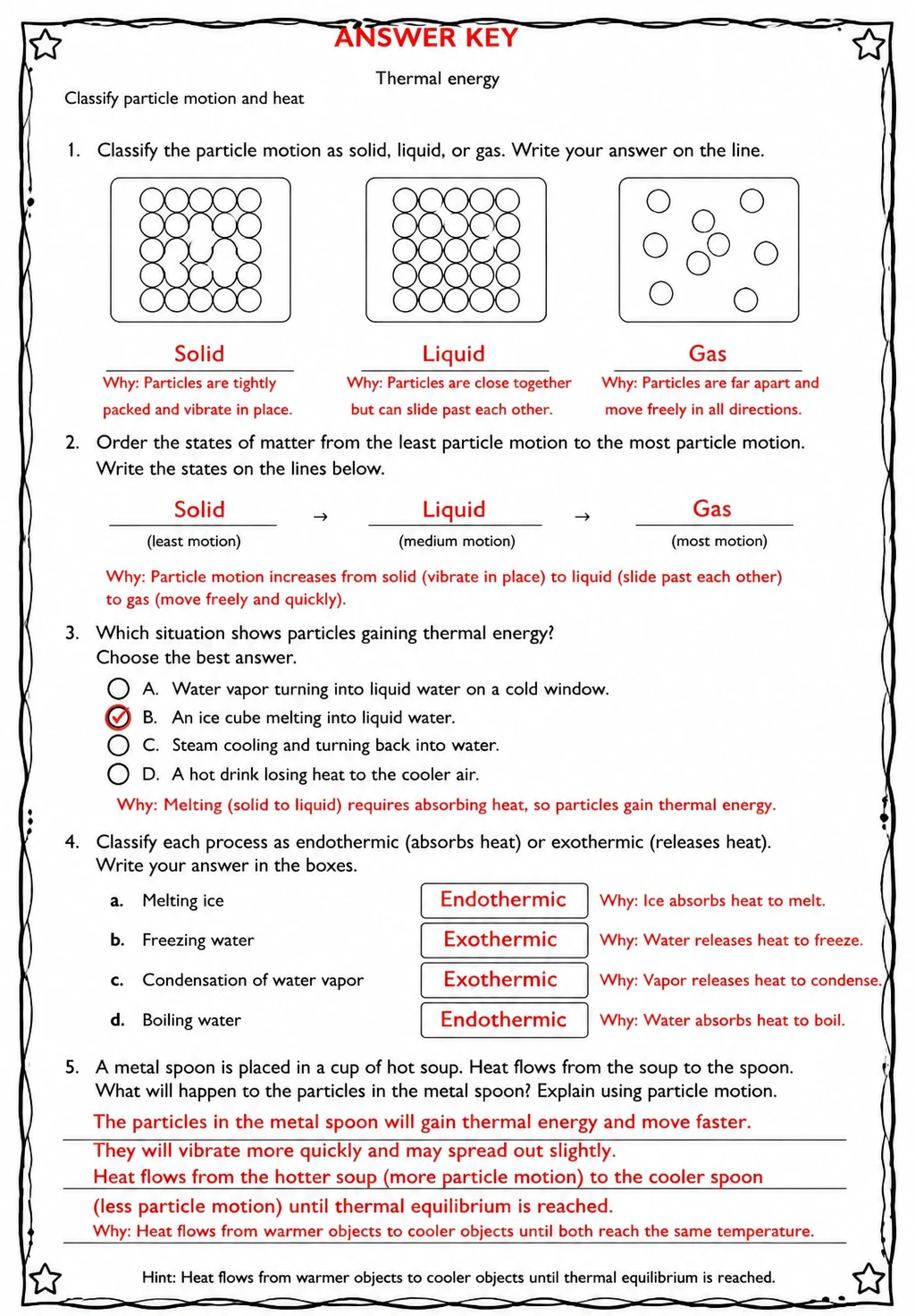 Answer key for Classify particle motion and heat — free printable Science worksheet