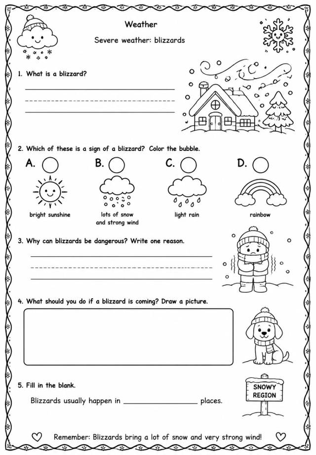Severe weather: blizzards — free printable Kindergarten Science worksheet