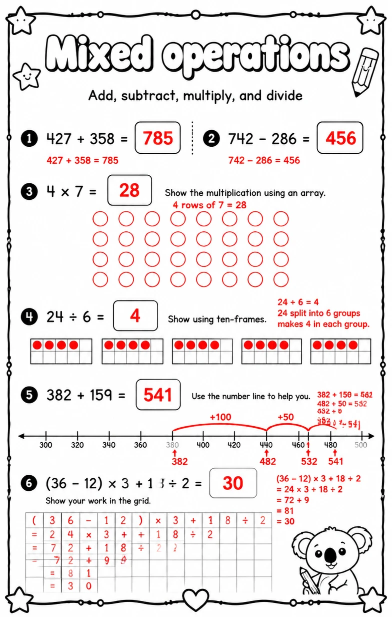 Answer key for Add, subtract, multiply, and divide — free printable Math worksheet