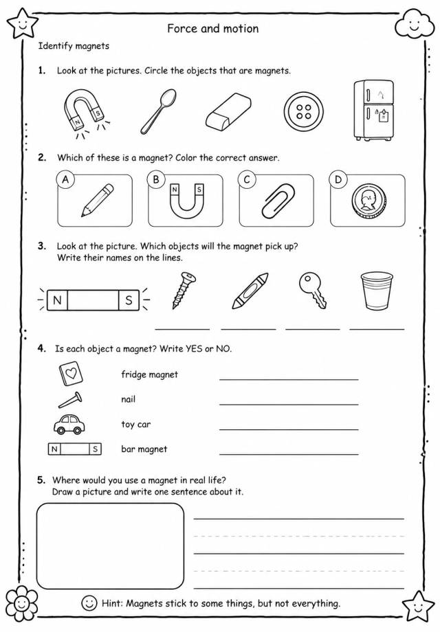 Identify magnets — free printable Grade 1 Science worksheet