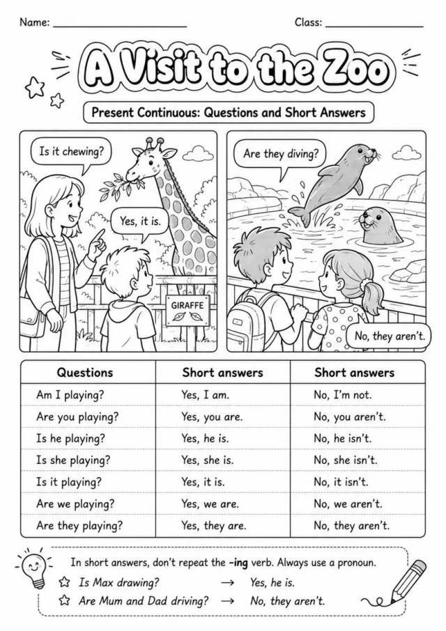Present Continuous: A Visit To The Zoo | Grades 3-4 Grammar Worksheet grades 3 4 printable PDF preview
