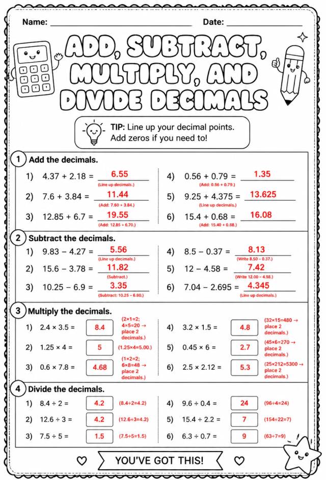 Answer key for Add, subtract, multiply, and divide decimals — free printable Math worksheet
