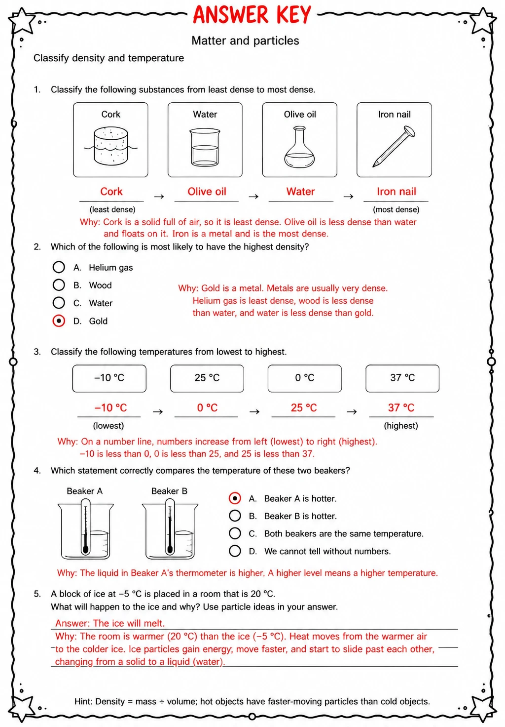 Answer key for Classify density and temperature — free printable Science worksheet